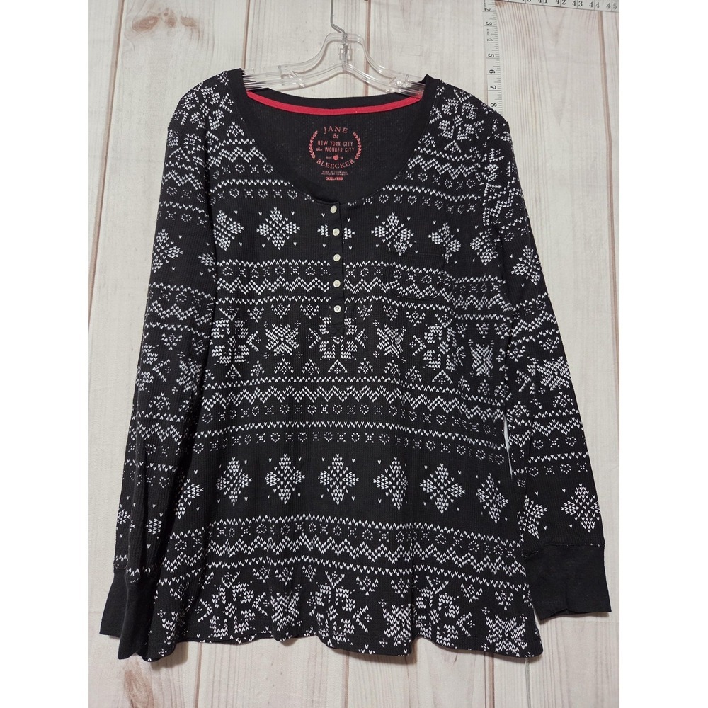 Jane & Bleecker Shirt‎ Womens 2XL Black Thermal Henley Fair Isle Snowflake Knit